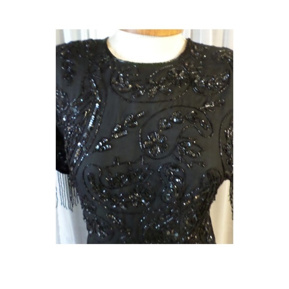 Vintage Laurence Kazar Silk Dress Black Fringe M - Picture 4 of 8